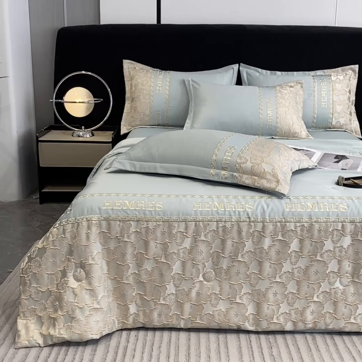 91家纺网 家纺一手货源 找家纺 子曰 2026新款浮雕水洗真丝夏被四件套 花开朵朵-绿