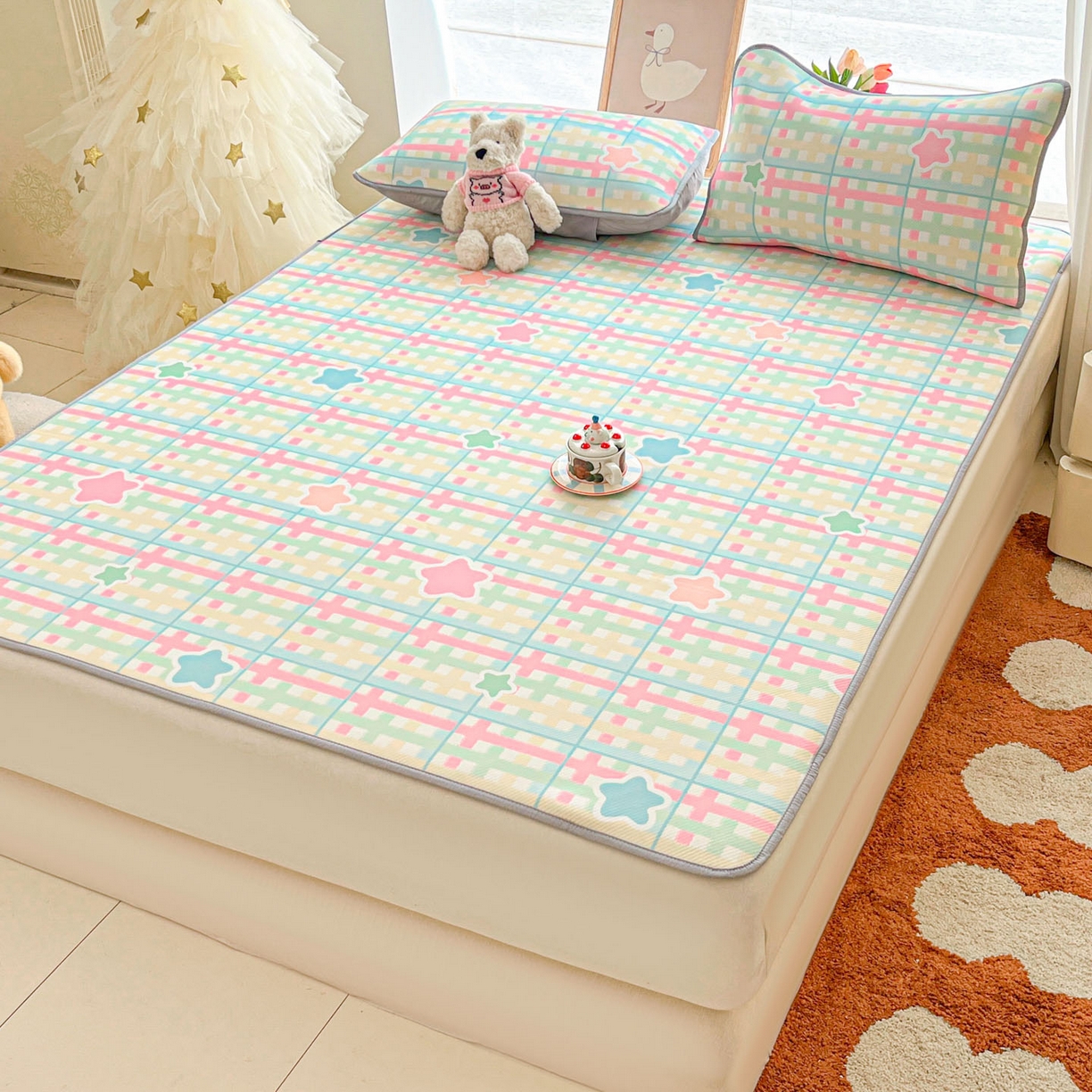 91家纺网 家纺一手货源 找家纺 川悦生活 2026新款小阪冰丝冰丝数码印花凉席大床 席杏仁小星星