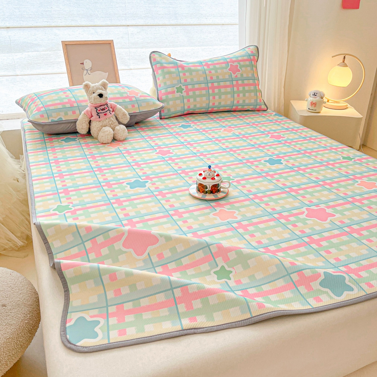 91家纺网 家纺一手货源 找家纺 川悦生活 2026新款小阪冰丝冰丝数码印花凉席大床 席杏仁小星星