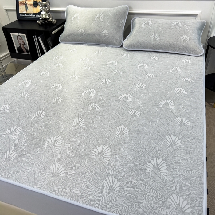 91家纺网 家纺一手货源 找家纺 倾慕 2026新款提花凉感凉席床笠款三件套系列 清风雅韵灰床笠款