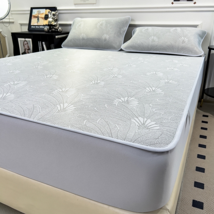 91家纺网 家纺一手货源 找家纺 倾慕 2026新款提花凉感凉席床笠款三件套系列 清风雅韵灰床笠款