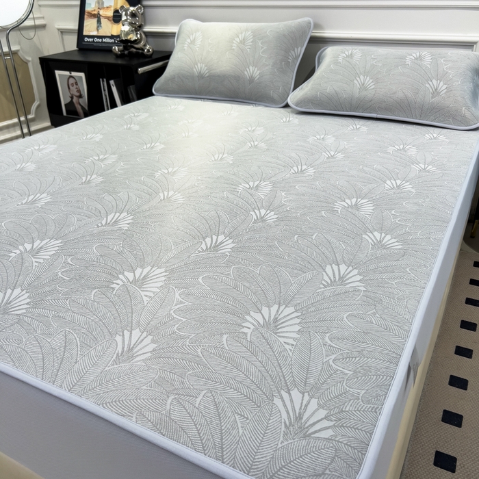 91家纺网 家纺一手货源 找家纺 倾慕 2026新款提花凉感凉席床笠款三件套系列 清风雅韵灰床笠款