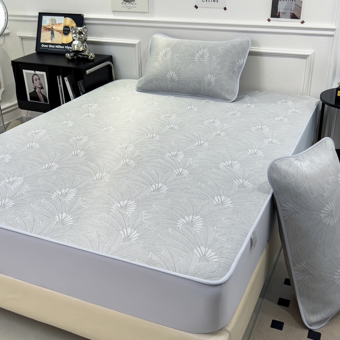 91家纺网 家纺一手货源 找家纺 倾慕 2026新款提花凉感凉席床笠款三件套系列 清风雅韵灰床笠款