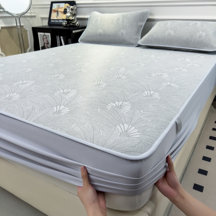 91家纺网 家纺一手货源 找家纺 倾慕 2026新款提花凉感凉席床笠款三件套系列 清风雅韵灰床笠款