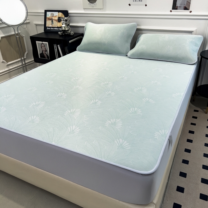 91家纺网 家纺一手货源 找家纺 倾慕 2026新款提花凉感凉席床笠款三件套系列 清风雅韵绿床笠款