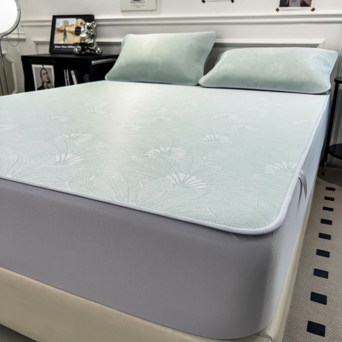 91家纺网 家纺一手货源 找家纺 倾慕 2026新款提花凉感凉席床笠款三件套系列 清风雅韵绿床笠款