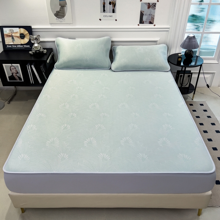 91家纺网 家纺一手货源 找家纺 倾慕 2026新款提花凉感凉席床笠款三件套系列 清风雅韵绿床笠款