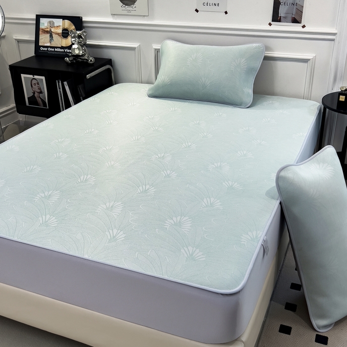 91家纺网 家纺一手货源 找家纺 倾慕 2026新款提花凉感凉席床笠款三件套系列 清风雅韵绿床笠款