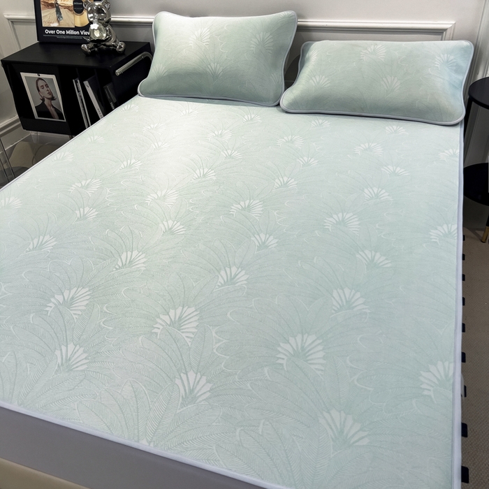 91家纺网 家纺一手货源 找家纺 倾慕 2026新款提花凉感凉席床笠款三件套系列 清风雅韵绿床笠款