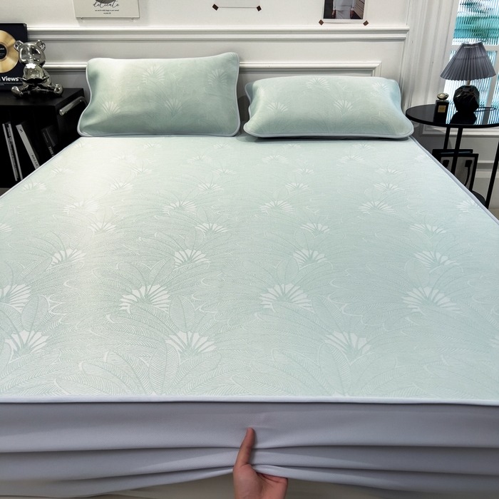 91家纺网 家纺一手货源 找家纺 倾慕 2026新款提花凉感凉席床笠款三件套系列 清风雅韵绿床笠款