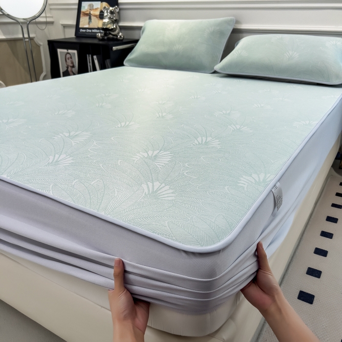 91家纺网 家纺一手货源 找家纺 倾慕 2026新款提花凉感凉席床笠款三件套系列 清风雅韵绿床笠款