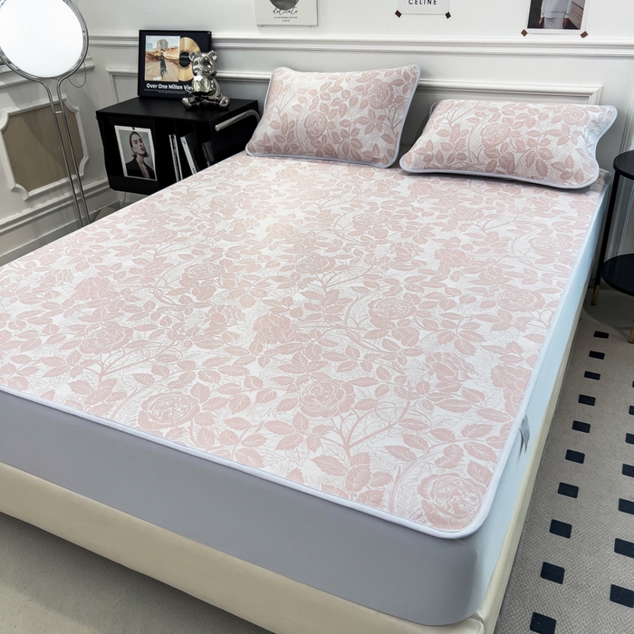 91家纺网 家纺一手货源 找家纺 倾慕 2026新款提花凉感凉席床笠款三件套系列 情意浓粉床笠款