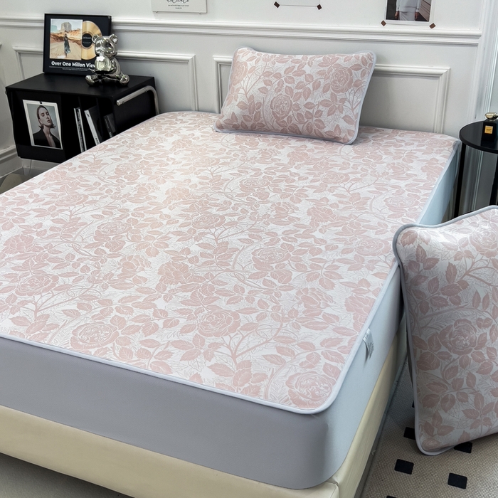 91家纺网 家纺一手货源 找家纺 倾慕 2026新款提花凉感凉席床笠款三件套系列 情意浓粉床笠款