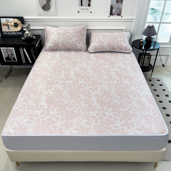 91家纺网 家纺一手货源 找家纺 倾慕 2026新款提花凉感凉席床笠款三件套系列 情意浓粉床笠款