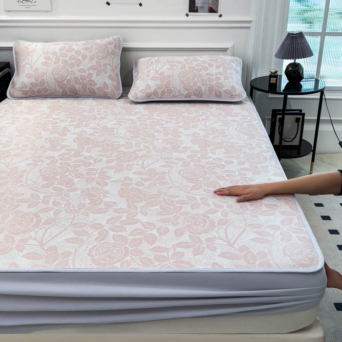 倾慕 2026新款提花凉感凉席床笠款三件套系列 情意浓粉床笠款