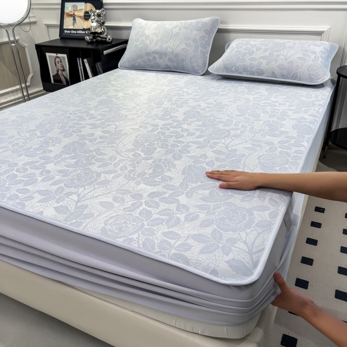 91家纺网 家纺一手货源 找家纺 倾慕 2026新款提花凉感凉席床笠款三件套系列 情意浓蓝床笠款