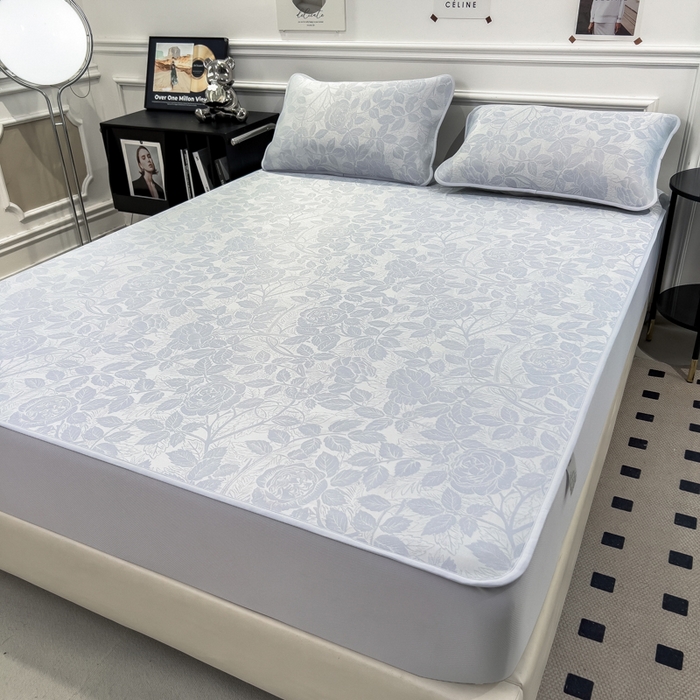 91家纺网 家纺一手货源 找家纺 倾慕 2026新款提花凉感凉席床笠款三件套系列 情意浓蓝床笠款