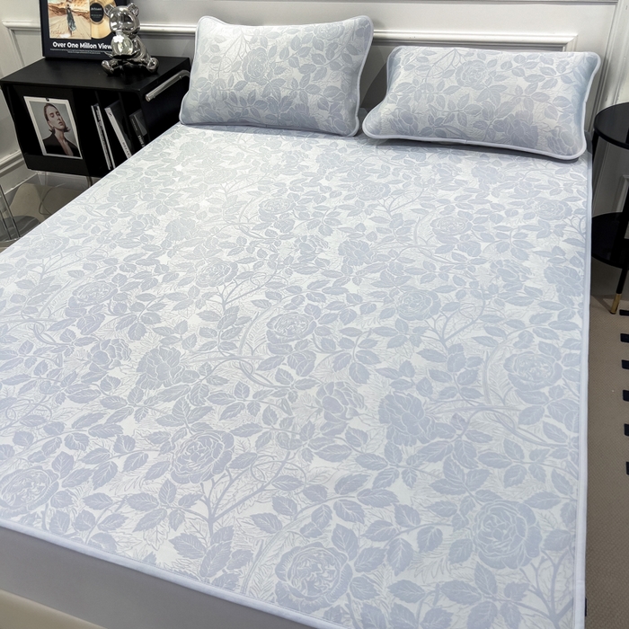 91家纺网 家纺一手货源 找家纺 倾慕 2026新款提花凉感凉席床笠款三件套系列 情意浓蓝床笠款