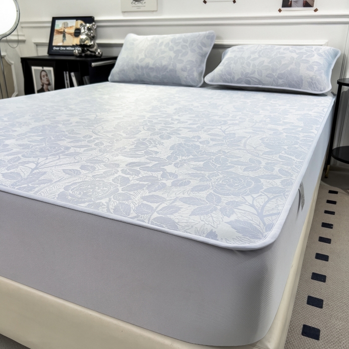 91家纺网 家纺一手货源 找家纺 倾慕 2026新款提花凉感凉席床笠款三件套系列 情意浓蓝床笠款