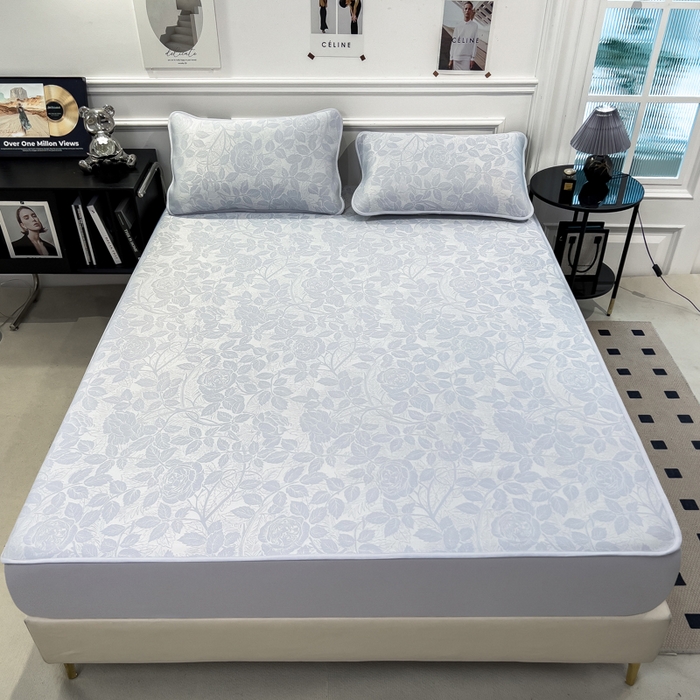 91家纺网 家纺一手货源 找家纺 倾慕 2026新款提花凉感凉席床笠款三件套系列 情意浓蓝床笠款