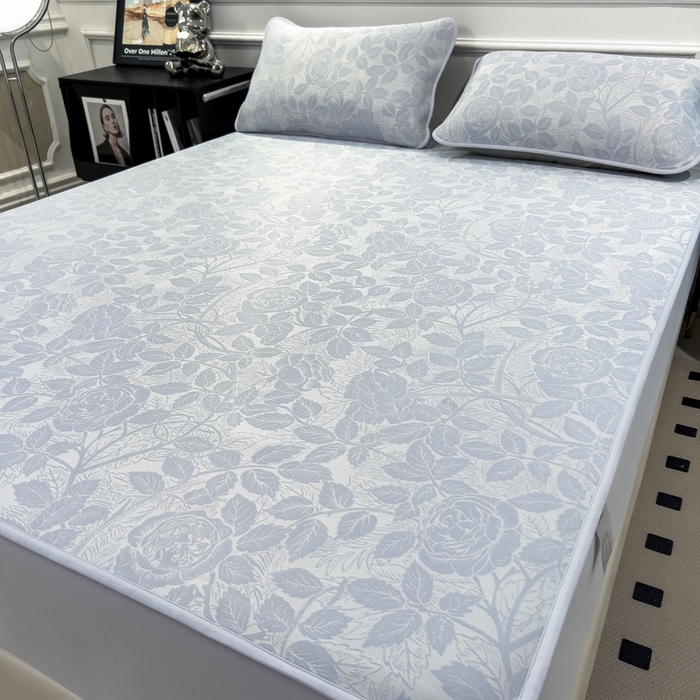 91家纺网 家纺一手货源 找家纺 倾慕 2026新款提花凉感凉席床笠款三件套系列 情意浓蓝床笠款