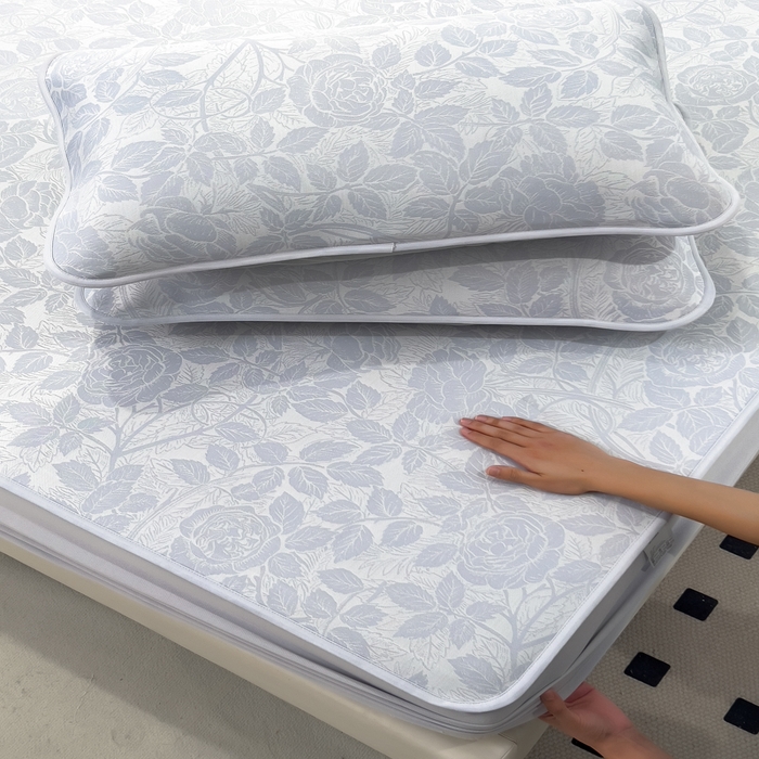 91家纺网 家纺一手货源 找家纺 倾慕 2026新款提花凉感凉席床笠款三件套系列 情意浓蓝床笠款