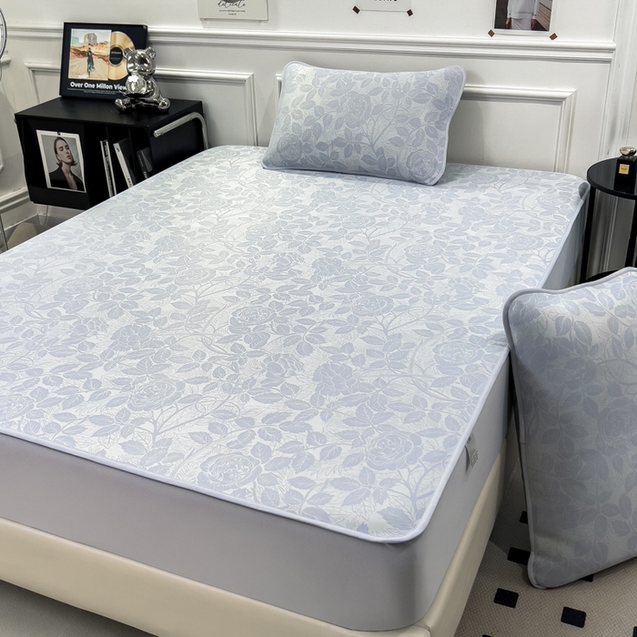 91家纺网 家纺一手货源 找家纺 倾慕 2026新款提花凉感凉席床笠款三件套系列 情意浓蓝床笠款