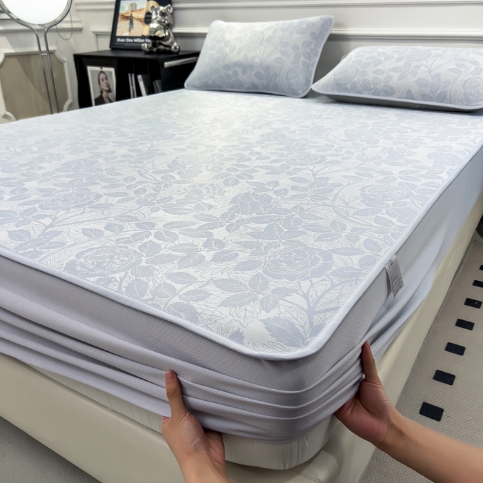 91家纺网 家纺一手货源 找家纺 倾慕 2026新款提花凉感凉席床笠款三件套系列 情意浓蓝床笠款