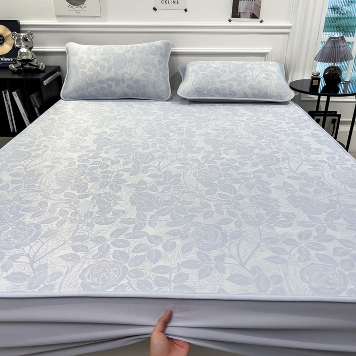 91家纺网 家纺一手货源 找家纺 倾慕 2026新款提花凉感凉席床笠款三件套系列 情意浓蓝床笠款