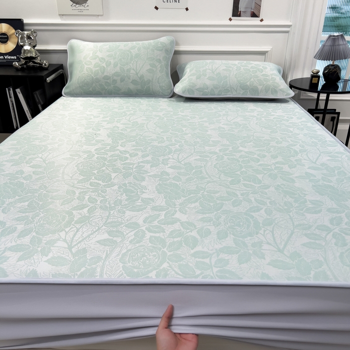 91家纺网 家纺一手货源 找家纺 倾慕 2026新款提花凉感凉席床笠款三件套系列 情意浓绿床笠款