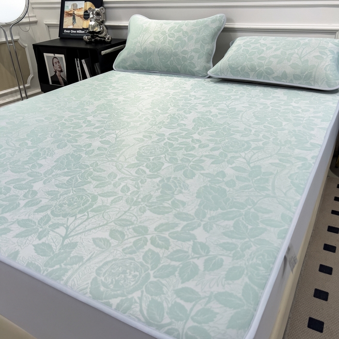 91家纺网 家纺一手货源 找家纺 倾慕 2026新款提花凉感凉席床笠款三件套系列 情意浓绿床笠款