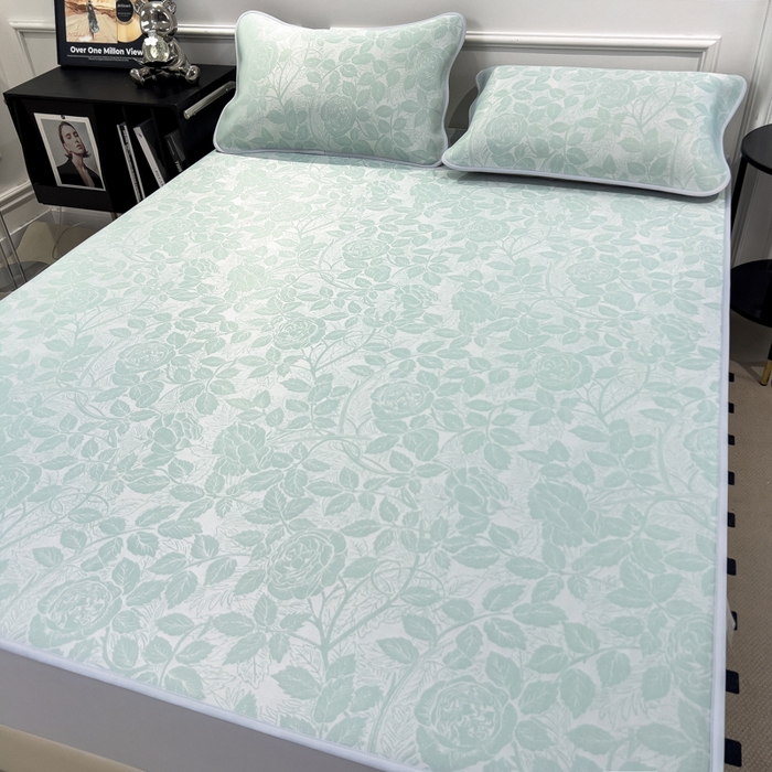 91家纺网 家纺一手货源 找家纺 倾慕 2026新款提花凉感凉席床笠款三件套系列 情意浓绿床笠款