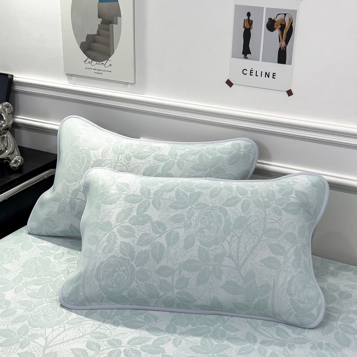 91家纺网 家纺一手货源 找家纺 倾慕 2026新款提花凉感凉席床笠款三件套系列 情意浓绿床笠款