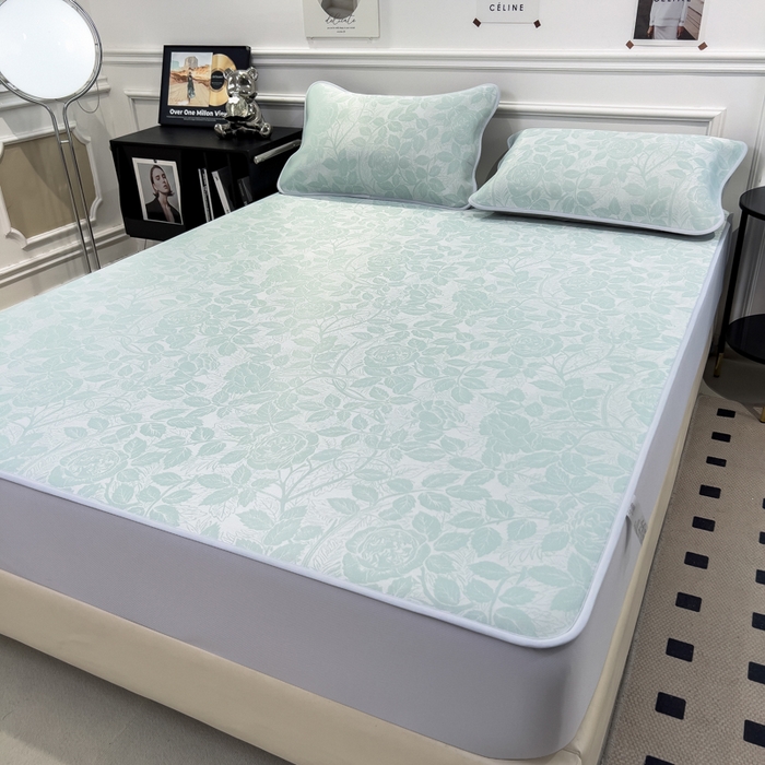 91家纺网 家纺一手货源 找家纺 倾慕 2026新款提花凉感凉席床笠款三件套系列 情意浓绿床笠款