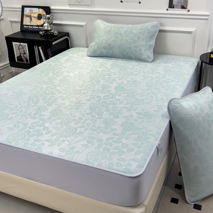 91家纺网 家纺一手货源 找家纺 倾慕 2026新款提花凉感凉席床笠款三件套系列 情意浓绿床笠款