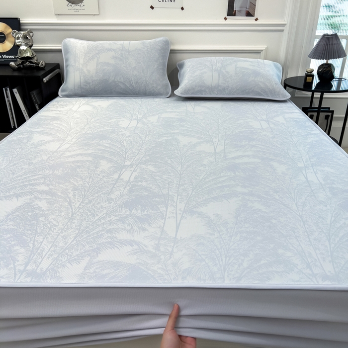 91家纺网 家纺一手货源 找家纺 倾慕 2026新款提花凉感凉席床笠款三件套系列 森林奇境蓝床笠款