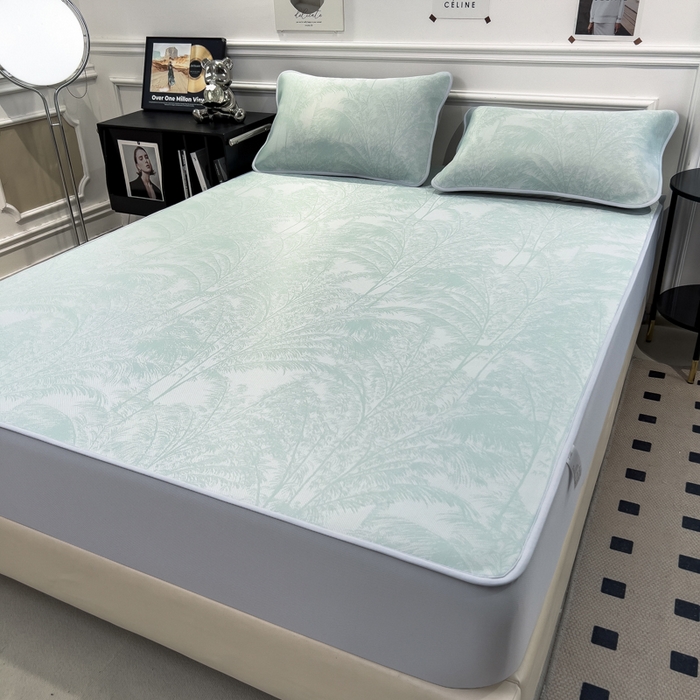 91家纺网 家纺一手货源 找家纺 倾慕 2026新款提花凉感凉席床笠款三件套系列 森林奇境绿床笠款