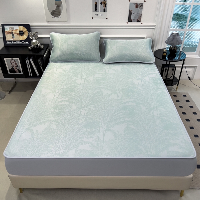 91家纺网 家纺一手货源 找家纺 倾慕 2026新款提花凉感凉席床笠款三件套系列 森林奇境绿床笠款