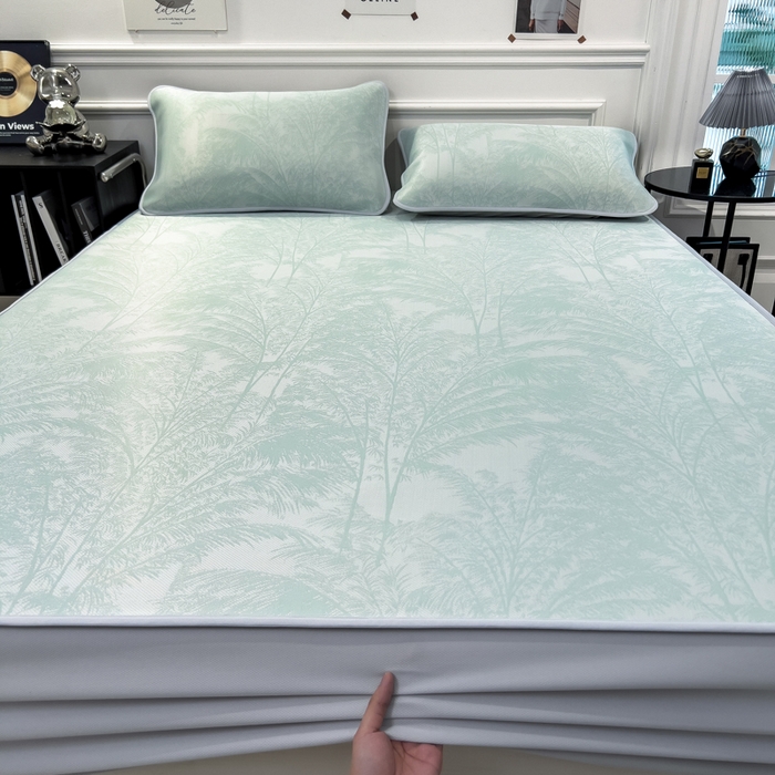 91家纺网 家纺一手货源 找家纺 倾慕 2026新款提花凉感凉席床笠款三件套系列 森林奇境绿床笠款