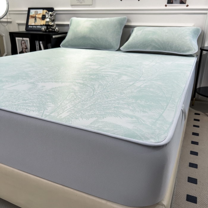 91家纺网 家纺一手货源 找家纺 倾慕 2026新款提花凉感凉席床笠款三件套系列 森林奇境绿床笠款