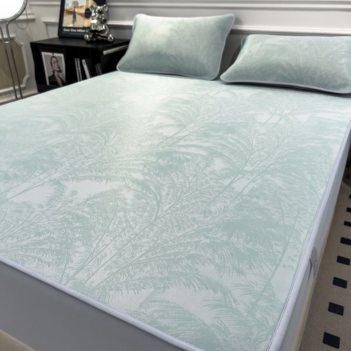 91家纺网 家纺一手货源 找家纺 倾慕 2026新款提花凉感凉席床笠款三件套系列 森林奇境绿床笠款