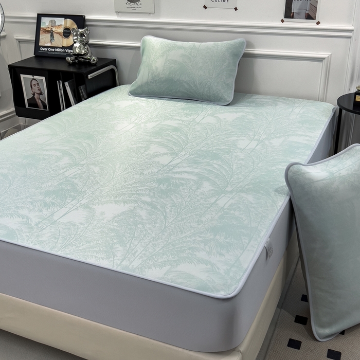 91家纺网 家纺一手货源 找家纺 倾慕 2026新款提花凉感凉席床笠款三件套系列 森林奇境绿床笠款