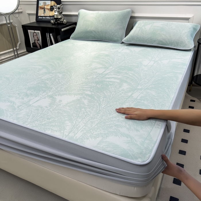 91家纺网 家纺一手货源 找家纺 倾慕 2026新款提花凉感凉席床笠款三件套系列 森林奇境绿床笠款