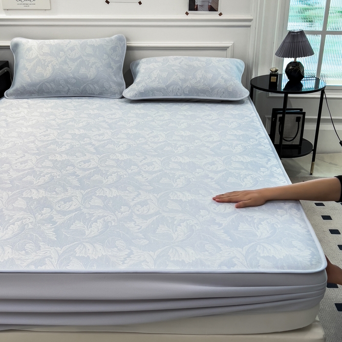 倾慕 2026新款提花凉感凉席床笠款三件套系列 叶之恋蓝床笠款