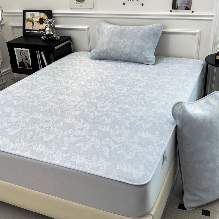 91家纺网 家纺一手货源 找家纺 倾慕 2026新款提花凉感凉席床笠款三件套系列 叶之恋蓝床笠款