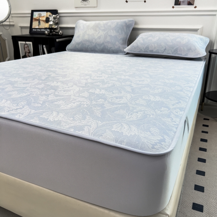 91家纺网 家纺一手货源 找家纺 倾慕 2026新款提花凉感凉席床笠款三件套系列 叶之恋蓝床笠款