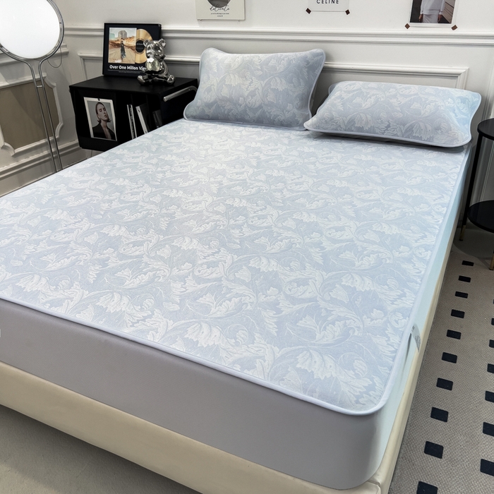 91家纺网 家纺一手货源 找家纺 倾慕 2026新款提花凉感凉席床笠款三件套系列 叶之恋蓝床笠款