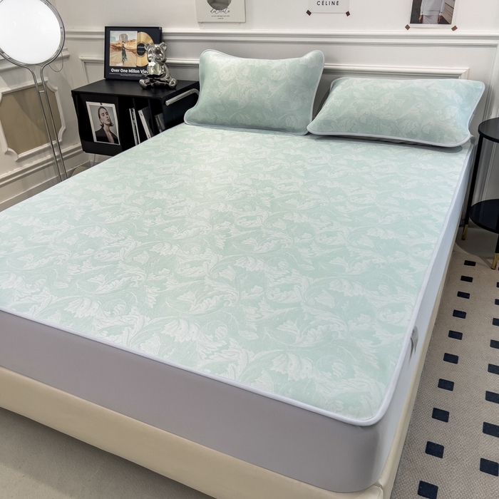 91家纺网 家纺一手货源 找家纺 倾慕 2026新款提花凉感凉席床笠款三件套系列 叶之恋绿床笠款