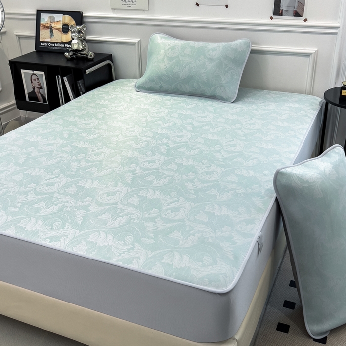 91家纺网 家纺一手货源 找家纺 倾慕 2026新款提花凉感凉席床笠款三件套系列 叶之恋绿床笠款