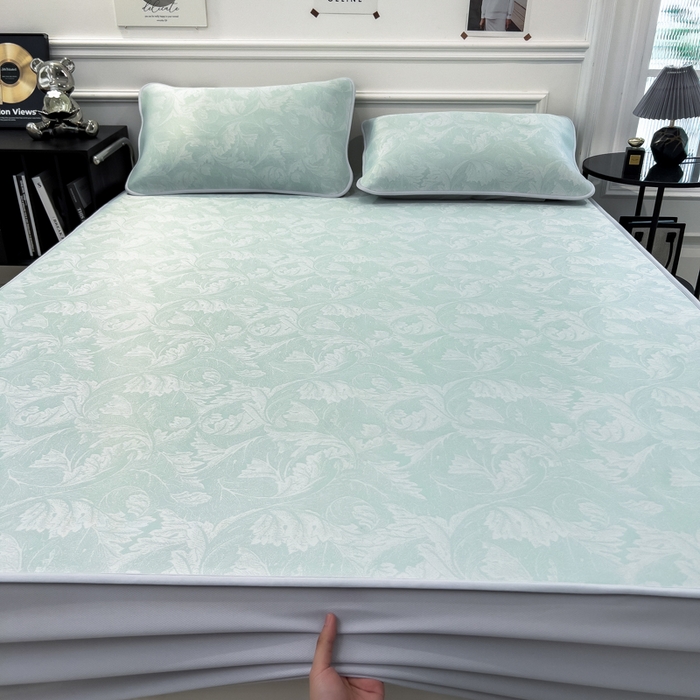 91家纺网 家纺一手货源 找家纺 倾慕 2026新款提花凉感凉席床笠款三件套系列 叶之恋绿床笠款